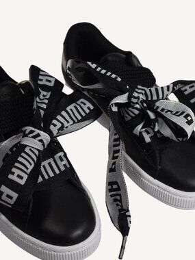 NWT Puma Basket Heart DE Black White Sneakers Ribbon Laces Womens 6